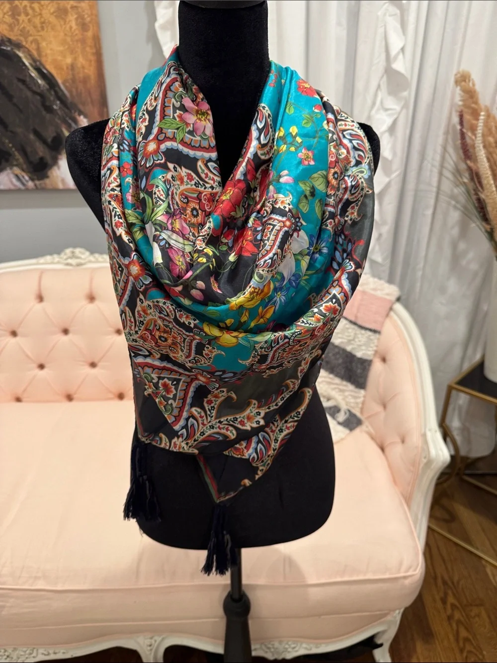Johnny Was Moanuh Teal Black Floral Paisley 100% Silk Scarf Wrap